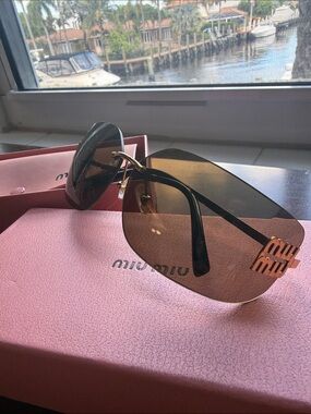 Miu Miu Rimless Sunglasses with Brown Gradient Lenses and Gold Accents